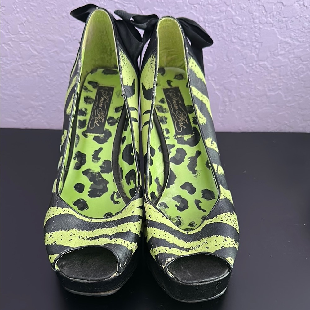 Zebra print Green and Black peep toe wedge shoes